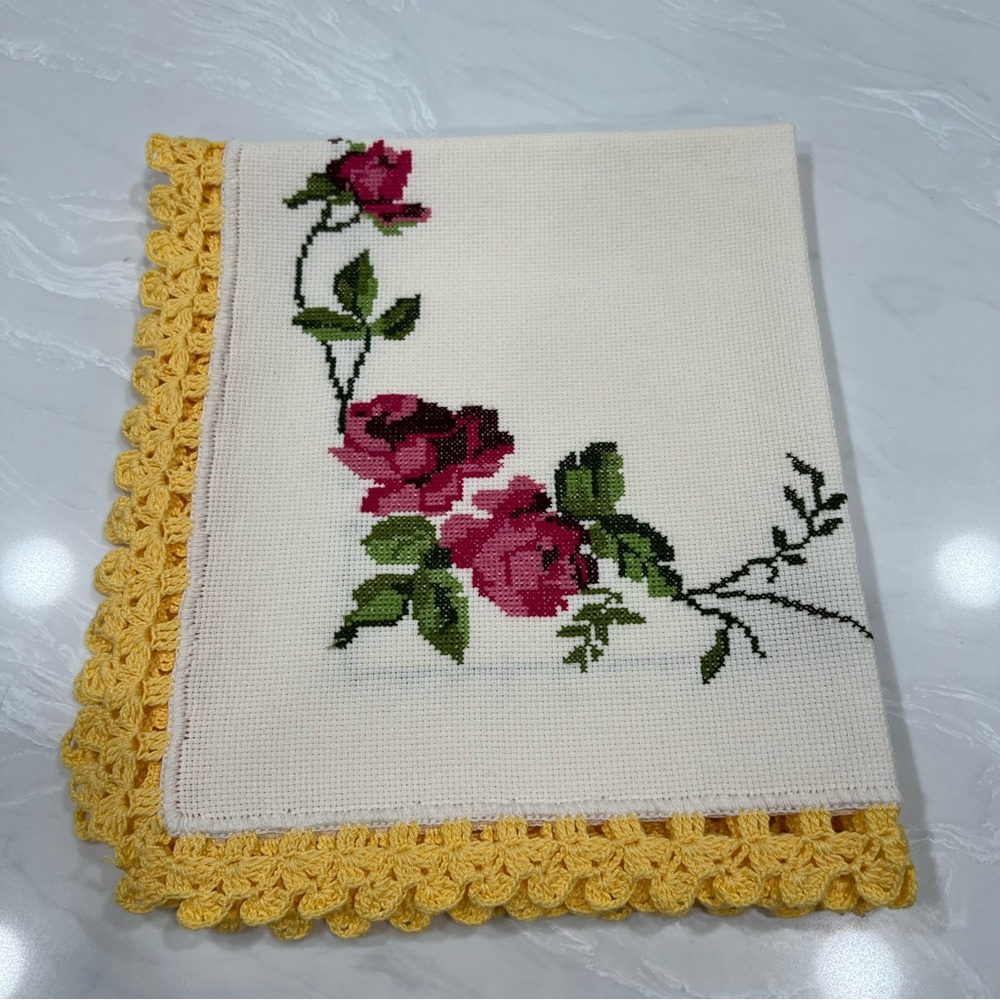 Handmade Floral Cross Stitch Embroidered Floral Accent with Yellow Trim Cottage